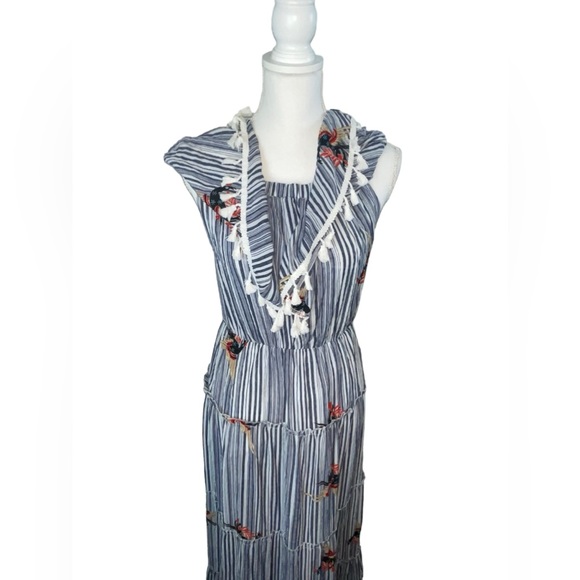 L’ATISTE by AMY Blue & White Off Shoulder tier Maxi Dress with fringe Tassles - Picture 7 of 15
